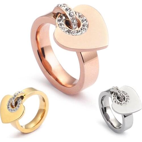 Heart-shaped Pendant Ring Cubic Zirconia Stainless Steel Ring for Women Valentines Day Gift Gold/Rose Gold/Silver Color Jewelry