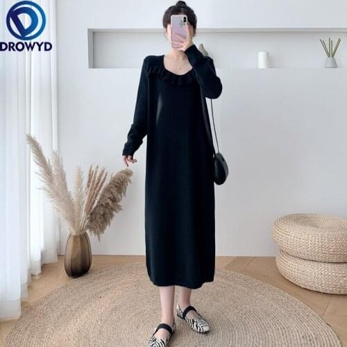 2021 New Autumn and Winter O-neck Black Color Matching Knitted Inner Dress Loose Straight Stretch Pullover Sweater Dress Women
