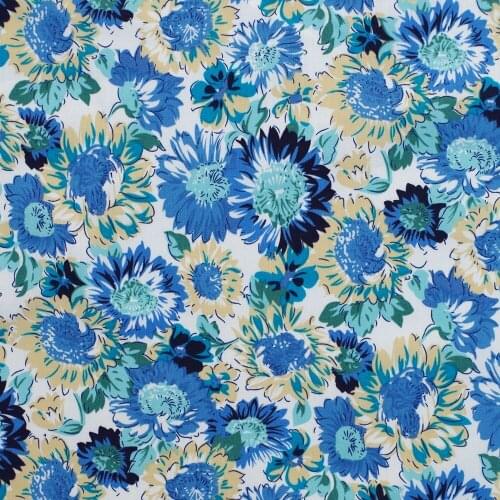 1 Yard Cotton Poplin Fabric for Sewing Patchwork, Dress, Cloth, Bedding - Big flowers(Blue and Yellow flower) (width=140cm)