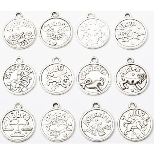 12pcs/lot Antique Silver Color 12 Zodiac Signs Charms Pendants for Handmade Decoration Vintage Charms DIY Jewelry Making
