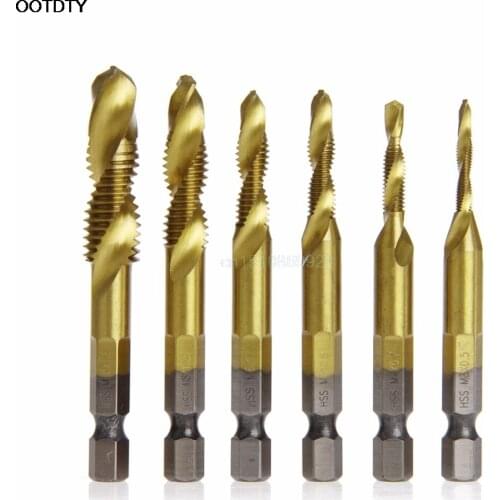 6Pcs/Set HSS4241 Titanium Coated Drill Bits Hex Shank Spiral Tap M3-M10