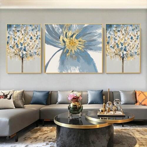 Nordic Abstract Blue Yellow Flower Painting Poster Canvas Print Wall Art Painting Picture For Modern Home Living Room Decoration