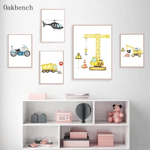 Nursery Canvas Print Police Wall Paintings Bulldozer Excavator Aircraft Motor Car Poster Nordic Pictures Baby Kids Room Decor