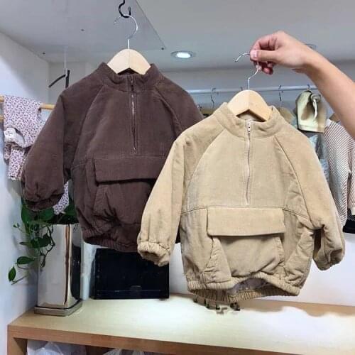 Childrens winter cotton clothing Korean pocket velvet head plus cotton jacket semi-open zipper head cotton clothing