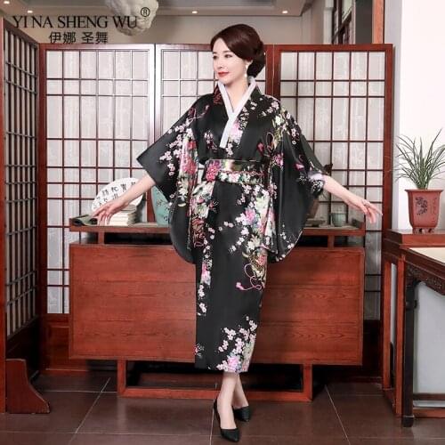 Long Style Japanese Satin Printed Kimono Women Yukata Dress Pajamas Kimono Haori Japanese Cosplay Costume Floral Free Size New