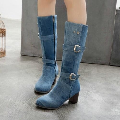 Jean Boots Womens Long Tube Short Boot Winter High Heel Denim Boot Lady Stylish Jeans Boots Buckle Strap Shoes Cowboy Nice
