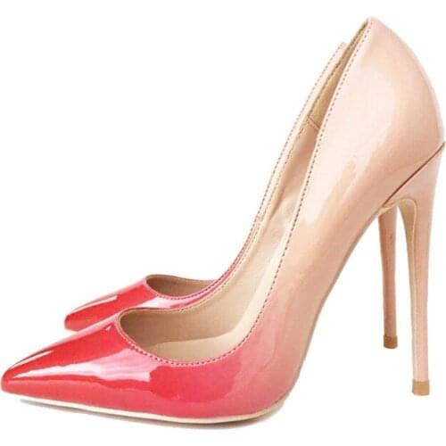 Gradient Red Nude 12cm Women Pumps Pointed Toe High Heels Patent Leather Women Party Shoes 10cm Stilettos QP005 CHENSIR9