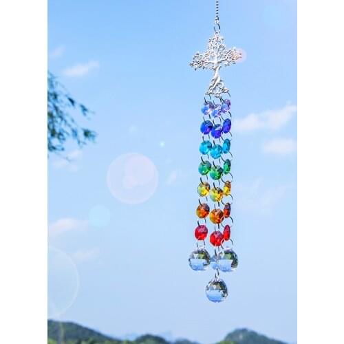 H&D Chakra Hanging Crystal Prisms Suncatcher With Cross Shaped Tree of Life Charm Rainbow Beads Pendant for Window Garden Decor