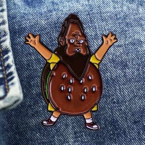 Cartoon Savage Hamburger Brooch Metal Enamel Lapel Badge Collect Denim Jacket Backpack Pin Children Fashion Jewelry Gifts