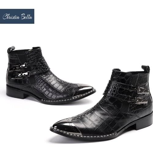 Christia Bella Winter Fashion Party Dress Shoes Bullock Pointed Toe Men Ankle Boots Genuine Leather Formal Short Boots Botas