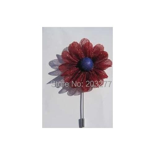 Newest 24pcs/lot 6CM silk sparkle flowers with long brooch pins lapel pins for wedding party Free shipping