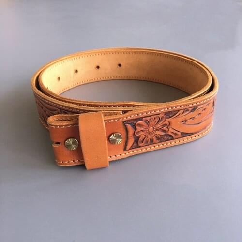 New Jeansfriend Original Light Coffee Hand Crafted Western Flowers Solid Real Leather Belt With Brass Screws