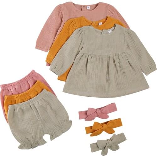 3Pcs Baby Girl Fall Outfits Long Sleeve Loose Ruffle Top + Bloomers + Headband Casual Baby Girl Clothing Set
