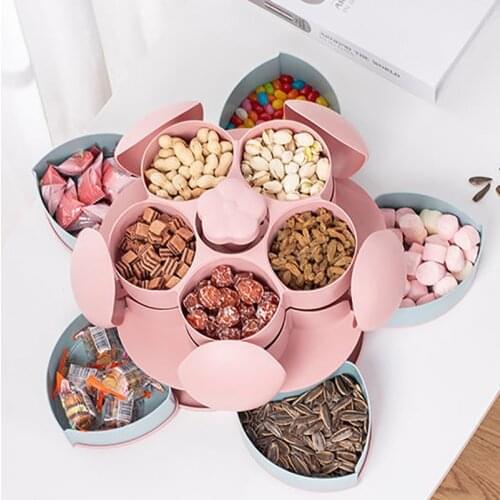 Petal-Shape Rotating Candy Box Plastic Snack Tray Case Nut Storage Box Food Fruit Organizer Cases Dried Fruit Storage Tray