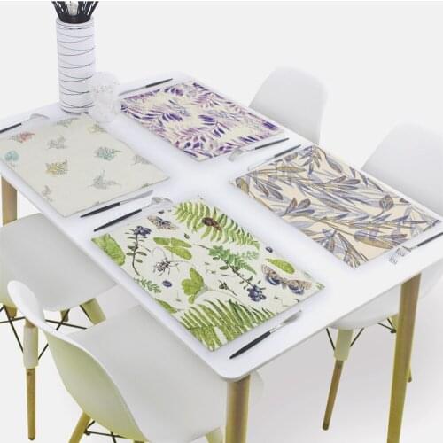 Plant Printing Placemat for Dining Table Butterfly Drink Coasters 32x42cm Rectangle Cup Pad Tableware Mat Kitchen Decoration