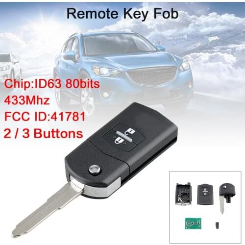 433Mhz 2 / 3 Buttons Flip Car Remote Key Keyless Entry with ID63 80Bit Chip 41781 Fit for Mazda 3 /BK Series 2 2006-2009