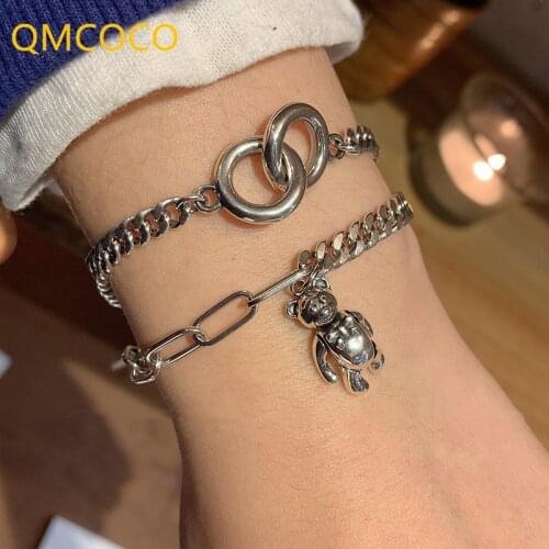 QMCOCO 925 Silver New Style Bear Round Pendant Charms Bracelet Retro Temperament Hip-Hop Jewelry Birthday Gift For Woman Girl