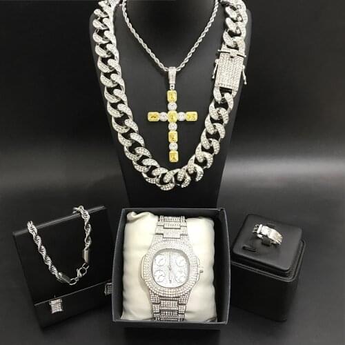 Luxury Men Watch & Neckalce & Braclete & Ring & Earring Combo Set Ice Out Cuban Crystal Miami Neckalce Chain Hip Hop For Men