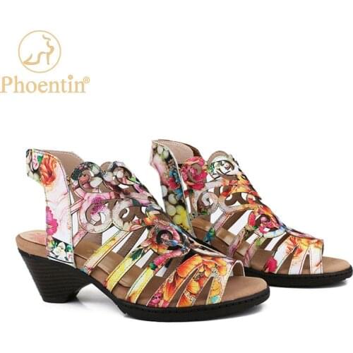Phoentin Hollow Sandals Genuine Leather Love Shape Soft Hook Loop Mid Heel Sandals Women Elegant floral print Shoes FT1534
