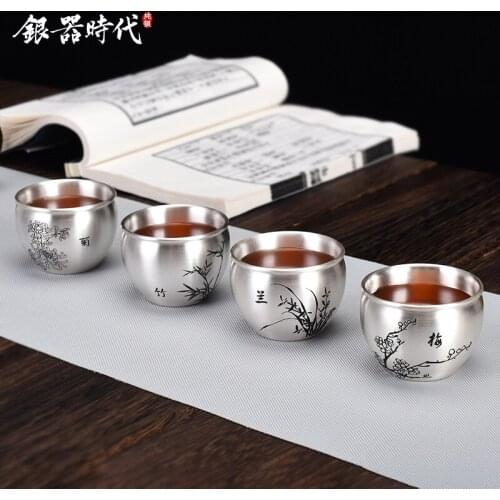 Silver age 999 sterling silver silver cup double sample tea cup master single cup mens silver kung fu tea set