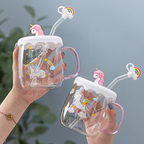 Rainbow Unicorn Straw Glass Water Bottle Blossom Glass Cup With Ceramic Cover For Women Girl Milk Water Tea Coffee Drinking