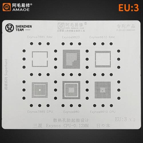 AMAOE Stencil EU:3 EU3 For Samsung Exynos7885 RAM 9820 Exynos9610 RAM 980 Exynos7885 9610 CPU Reballing Stencil Welding Template
