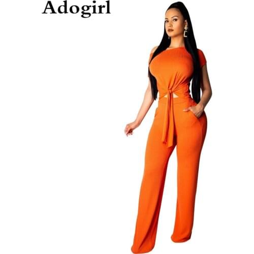 Knitted Ribbed Women Fashion Two Piece Set Sexy Oblique Collar Sash Lace Up Bow Tie Crop Top and Wide Leg Pant Sweat Outfits