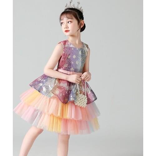 Color girls sequined net Evening Dresses 2021 Summer Autumn New wedding dress for girls Childrens Day