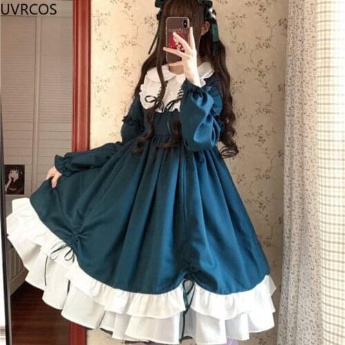 Japanese Long And Short Sleeves Lolita Sophisticated Dress Kawaii Peter Pan Collar One Piece Outfit Women High Waist Party Dress