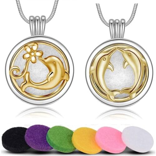 Eudora 20mm Two dauphin & flower Aromatherapy Necklace round Perfume Locket Essential Oils Diffuser Pendant Aroma DIY Jewelry