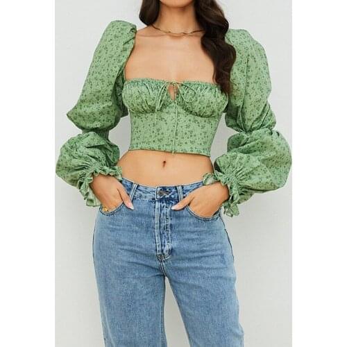 Women Casual Puff Sleeve T-shirt 2021 Summer Fall Fashion Floral Tie-up Square Collar Exposed Navel Crop Tops