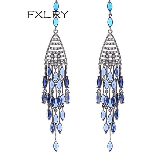 FXLRY French Gun Black AAA Zircon Personality Long Tassel Earrings For Woman Fashion Wedding Party Jewelry