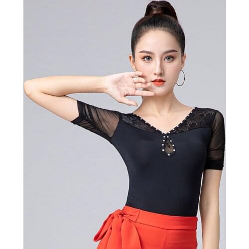 SS085 Latin Dance Tops Women Short Sleeve V Neck Design Latin Dance Tops for Modern Ballroom Dancing Performamnce