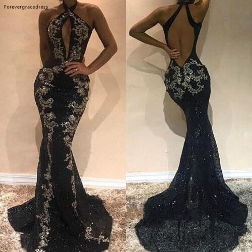 2019 Saudi Arabic African Evening Dress Mermaid Halter Open Back Holiday Women Wear Formal Party Prom Gown Custom Made