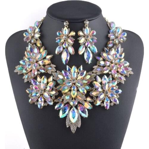 Golden plated Aurora Crystal Jewelry sets Flower design Necklace sets Bridal wedding jewellery women party Necklace earrings