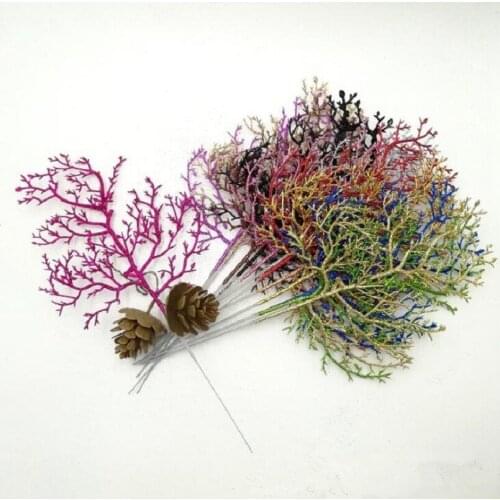 20pcs 34cm Artificial Glitter Coral Leaf Branch For Flower Arrangement Wedding Christmas Party Home Garden Decoration