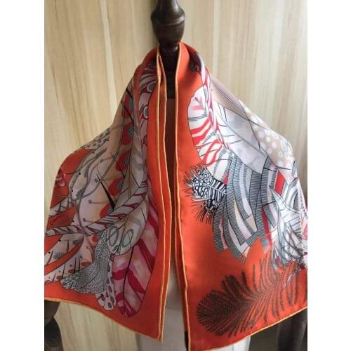2021 new arrival winter spring classic feather 100% real silk scarf twill hand made roll 90*90 cm shawl wrap for women lady