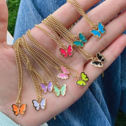 5Pcs Popular enamel rainbow color butterfly shaped necklace cuban Chain pendant jewelry for girls women