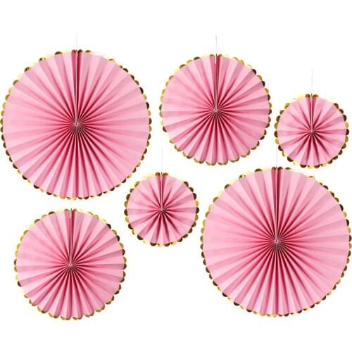 6pcs /Set DIY Craft Gold Edge Paper Hanging Paper Fan for Wedding Birthday Party Home Decoration Store Festival Decor