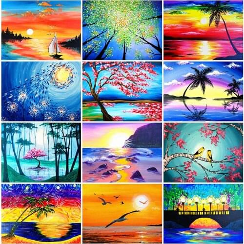 Diy 5d Full Diamond Embroidery Scenery Square Round Diamond Sunset Coconut Tree Sailboat Mosaic Furniture Decoration Hobby Gift