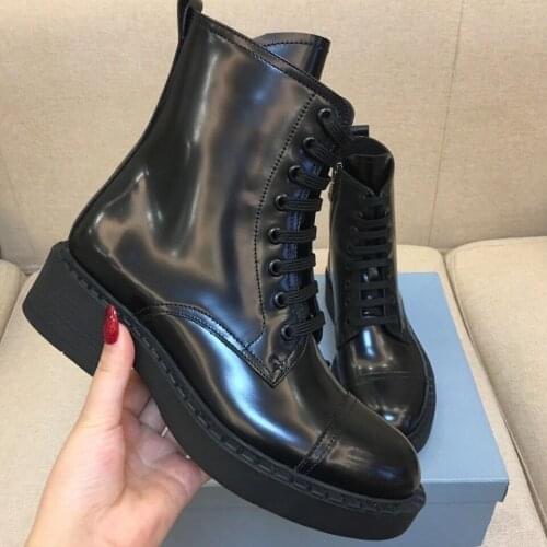 Womens Boots Platform Lace Up Mid-Calf Motorcycle Ankle Boots Zipper Round Toe Middle Heels Genuine Leather Zapatos De Mujer