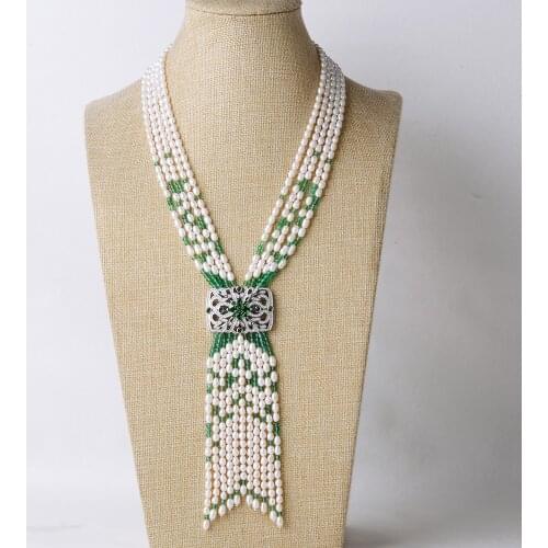 23" 5 Strands White Rice Pearl Green Jade Gems Stone Necklace CZ Pave Pendant