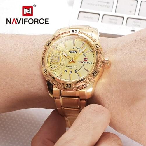 Top Luxury Brand NAVIFORCE Mens Wristwatch Fashion Sport Stainless Steel Military Waterproof Quartz Watches Gold Classic Clock