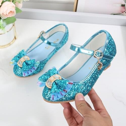 Princess Kids Leather Shoes for Girls Flower Casual Glitter Children High Heel Girls Shoes Butterfly Knot Blue Pink Silver