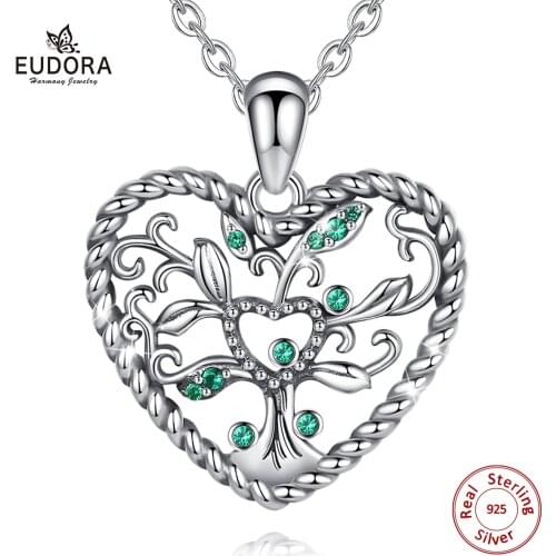 EUDORA 925 Sterling Silver Tree of Life Pendant with Green CZ Crystal Heart Style Freedom Goddess Necklace Women Jewelry D616