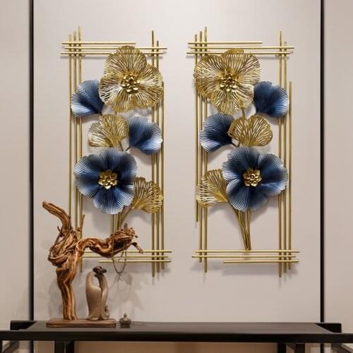 Feng shui Wrought Iron Blue Gold Ginkgo Leaf 3D Wall Painting Home room Metal Wall Mural Crafts Hotel Store Wall Sticker Decor