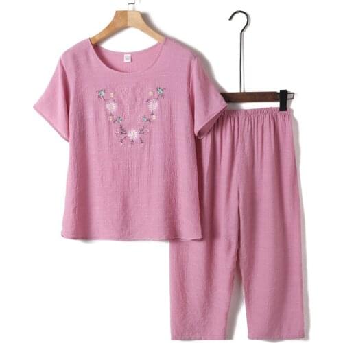 Cotton Loose Lounge Short-Sleeve Home Pantsuit Pure Brief Big Size Two Piece Set Mom Women Comfortable Pajama Style Suit Blue