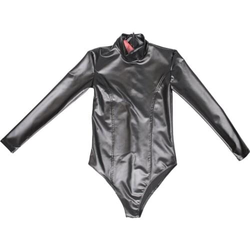 Oil Faux Latex PU Leather Patchwork Long Sleeve Bodysuit Tights Bodystocking Sexy Catsuit Dance Leotard Bodies Shirt Swimwear