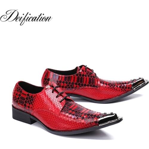 Deification Red Snake Python Genuine Leather Mens Shoes Lace Up Formal Dress Shoes Men Metal Toe Party Dress Wedding Shoes Flats