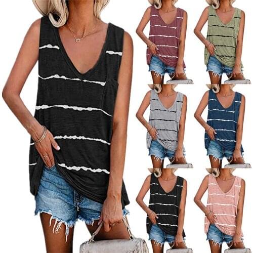 2021 New style Oyao t shirt V-neck pocket striped sleeveless foreign trade vest T-shirt t shirt women vestidos LDMHY210202